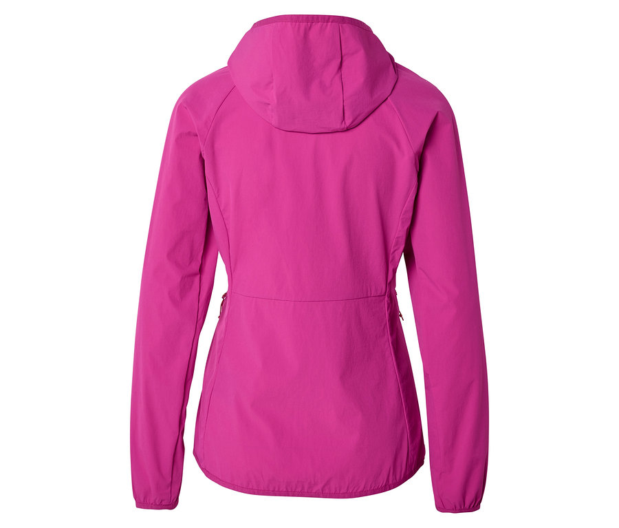 Vue arrière d'une veste rose à capuche.