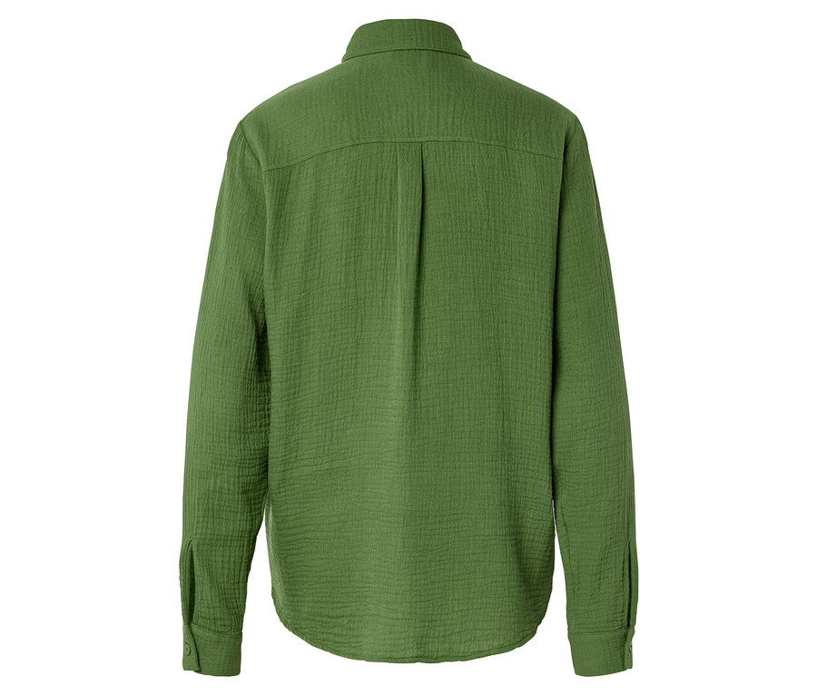 Vue arrière d'une chemise verte à manches longues boutonnée.