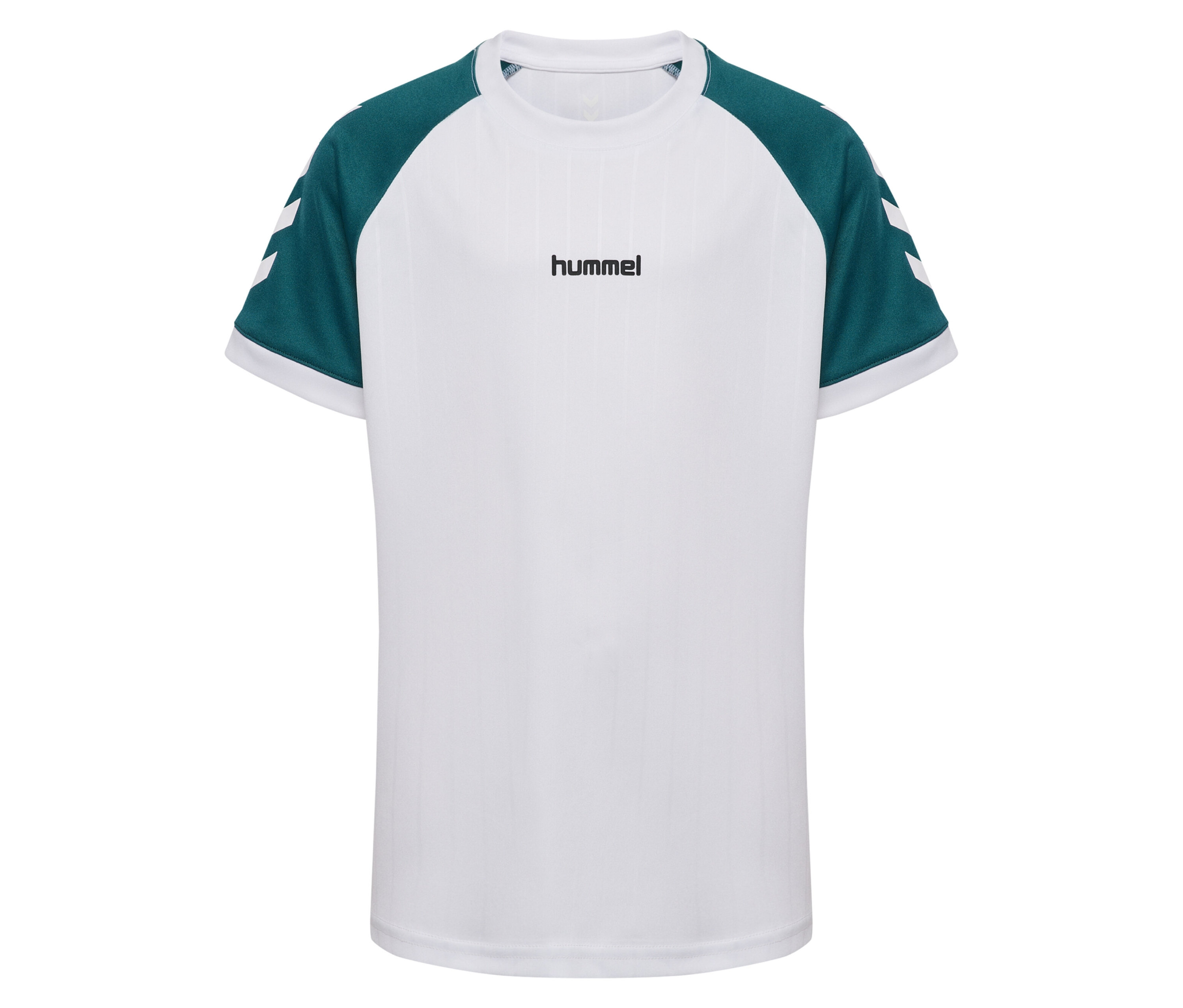T-shirt hummel® HMLJR Stripe blanc avec manches vertes et chevrons blancs.