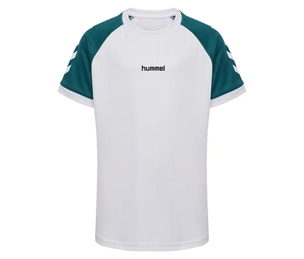 T-shirt hummel® HMLJR Stripe blanc avec manches vertes et chevrons blancs.