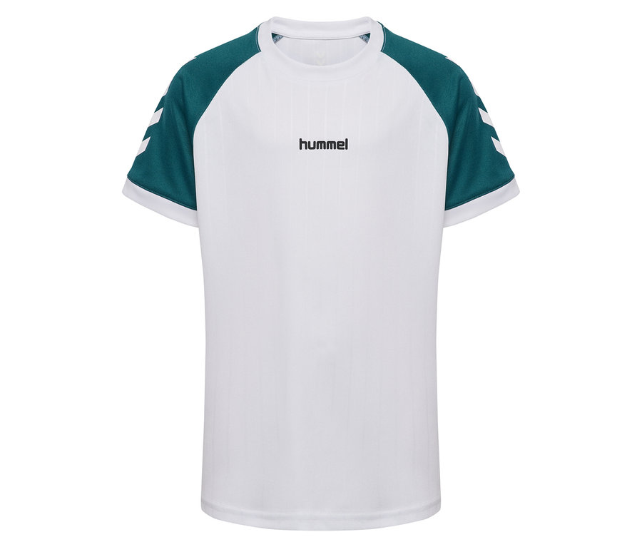 T-shirt hummel® HMLJR Stripe blanc avec manches vertes et chevrons blancs.