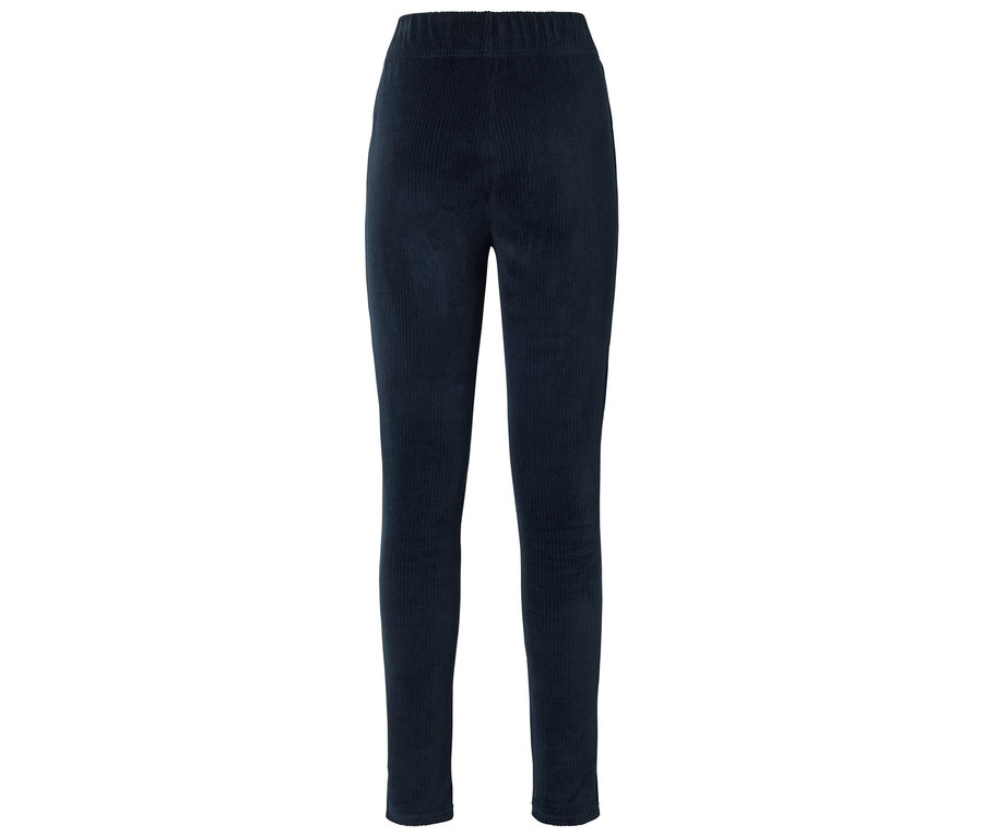 Pantalon en velours côtelé bleu marine avec taille élastique, posé sur un fond blanc.