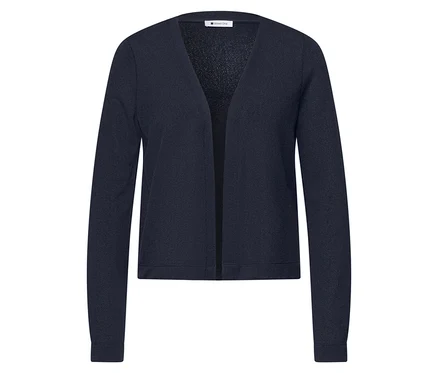Gros plan sur un cardigan bleu marine Street One, présenté ouvert sur un fond blanc.
