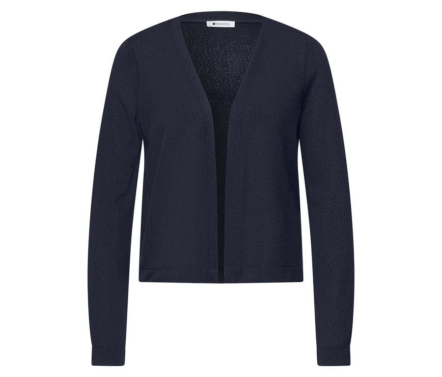 Gros plan sur un cardigan bleu marine Street One, présenté ouvert sur un fond blanc.