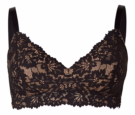 Une brassière en dentelle noire avec une doublure couleur chair, un motif floral et des bords festonnés, sur fond blanc.