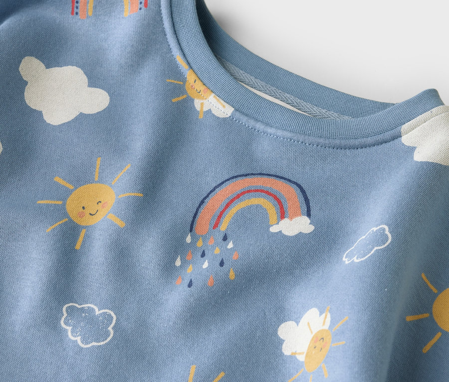 Gros plan sur un pull bleu clair avec un motif de soleils, de nuages et d'arcs-en-ciel.