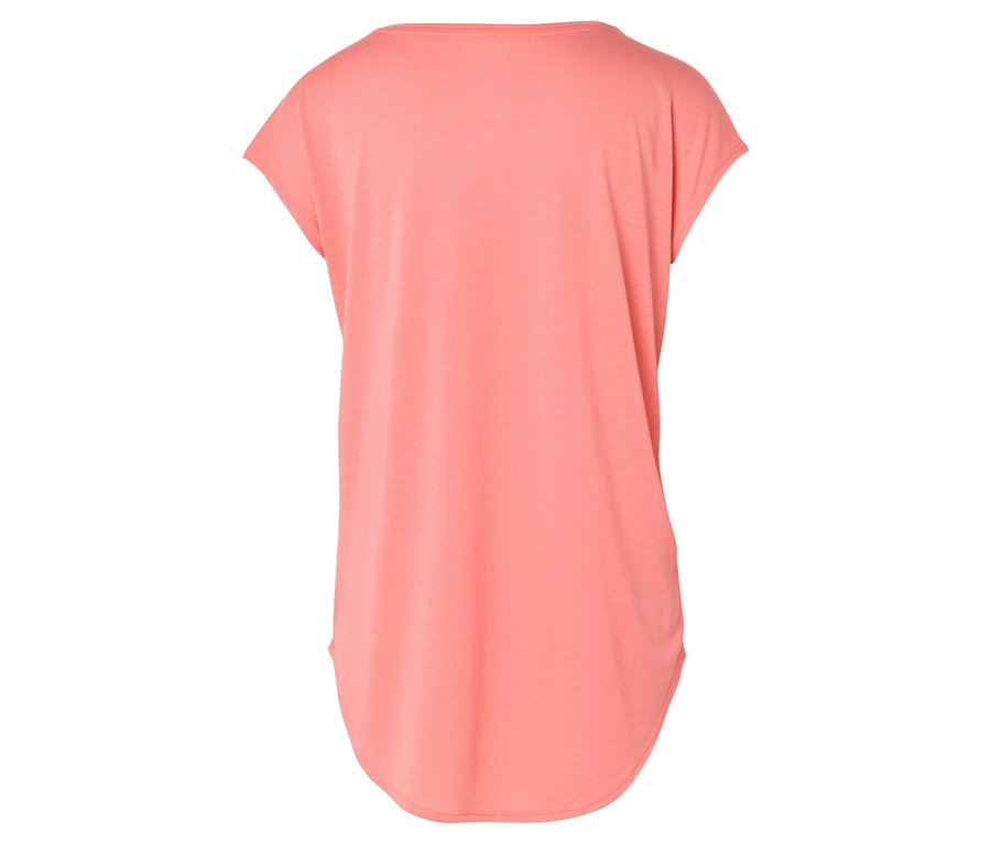 Vue arrière d'un t-shirt à manches courtes couleur saumon avec un ourlet arrondi.