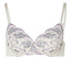 Un soutien-gorge blanc avec un motif floral violet et des bretelles blanches repose sur un fond blanc.