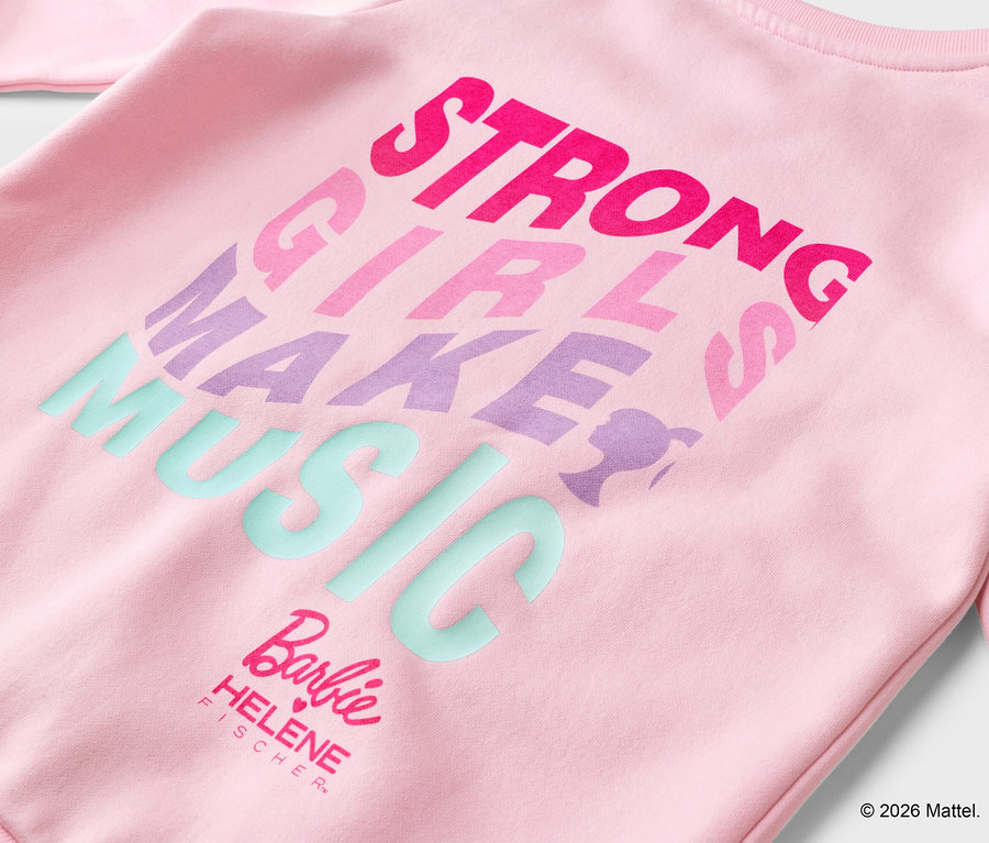 Sweat-shirt rose Barbie avec l'inscription « Strong Girls Make Music ».