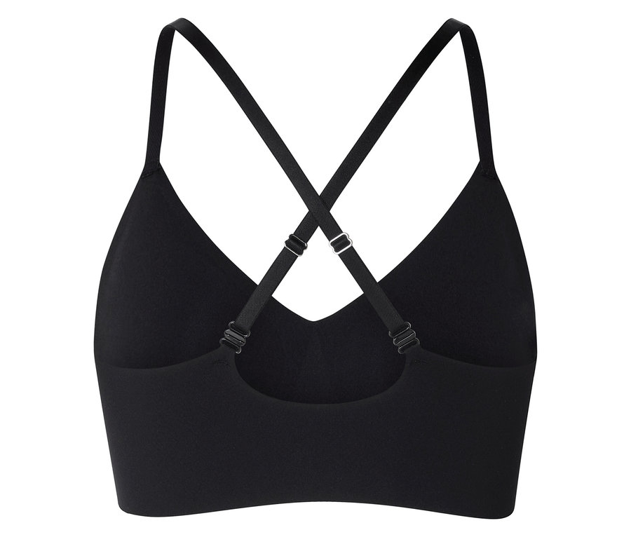 Vue arrière d'un soutien-gorge noir avec des bretelles croisées et réglables.