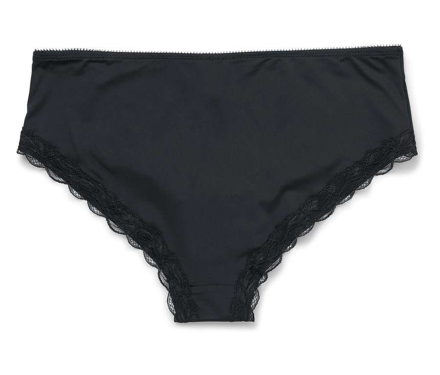 Culotte noire pour femme avec bordure en dentelle sur fond blanc.
