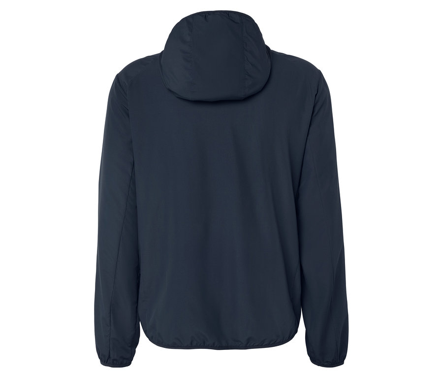 Vue arrière d'une veste bleu marine à capuche.