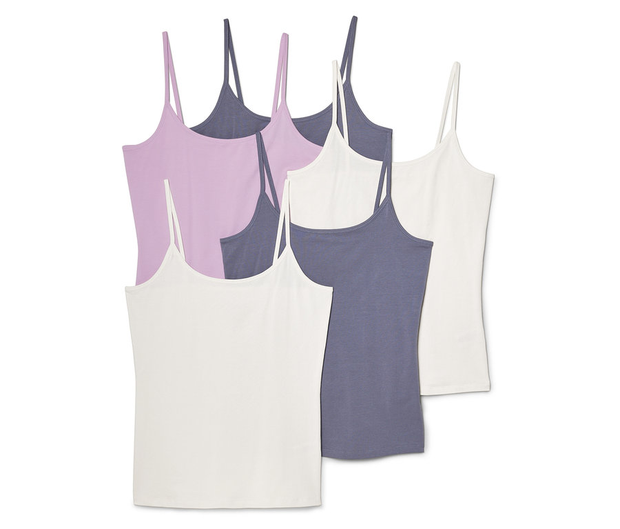 Cinq débardeurs à bretelles spaghetti en blanc, violet et bleu-gris sont superposés.