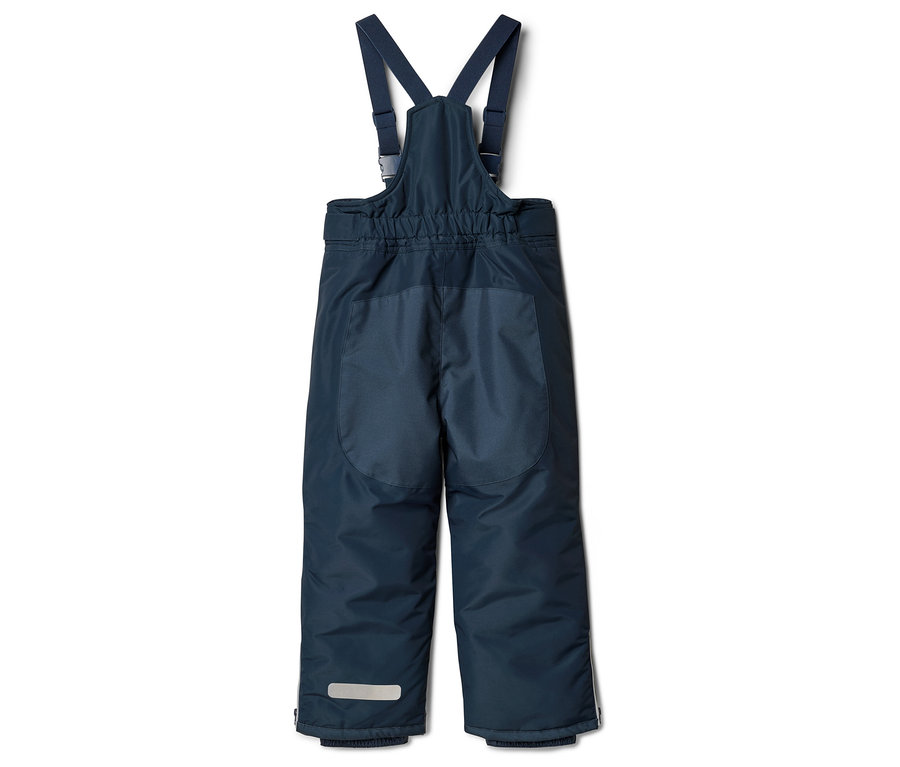 Pantalon de ski bleu marine pour enfant avec bretelles, photographié de dos.