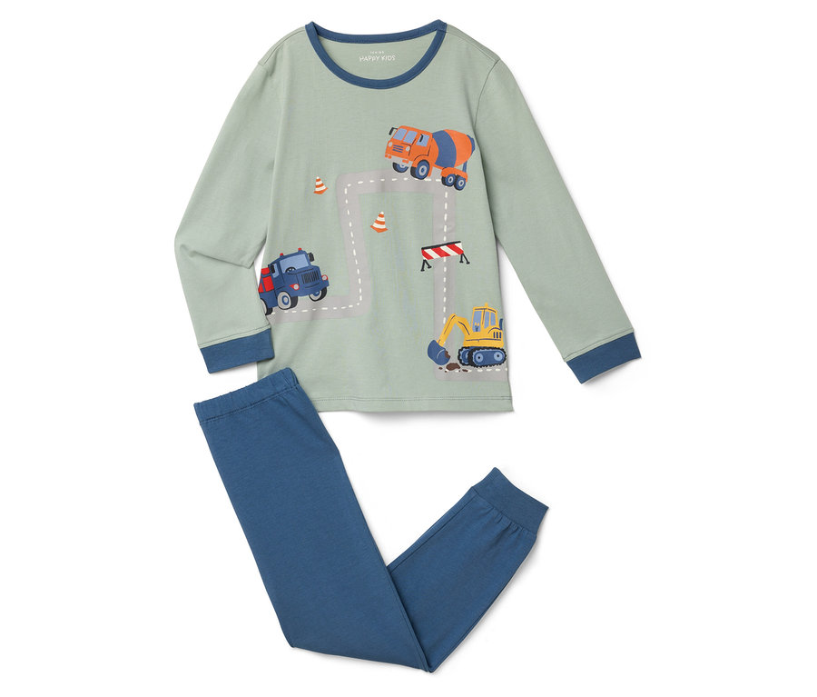 Un pyjama vert menthe avec des poignets bleus et un imprimé de véhicules de construction et d'une route.