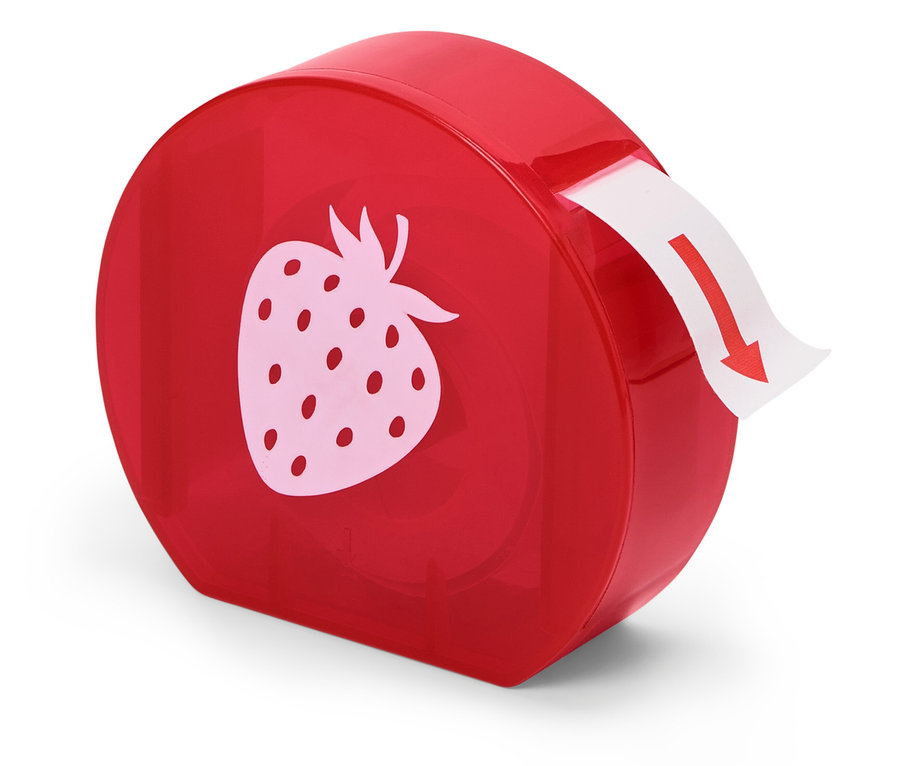 Distributeur rouge avec motif de fraise et une étiquette tirée.