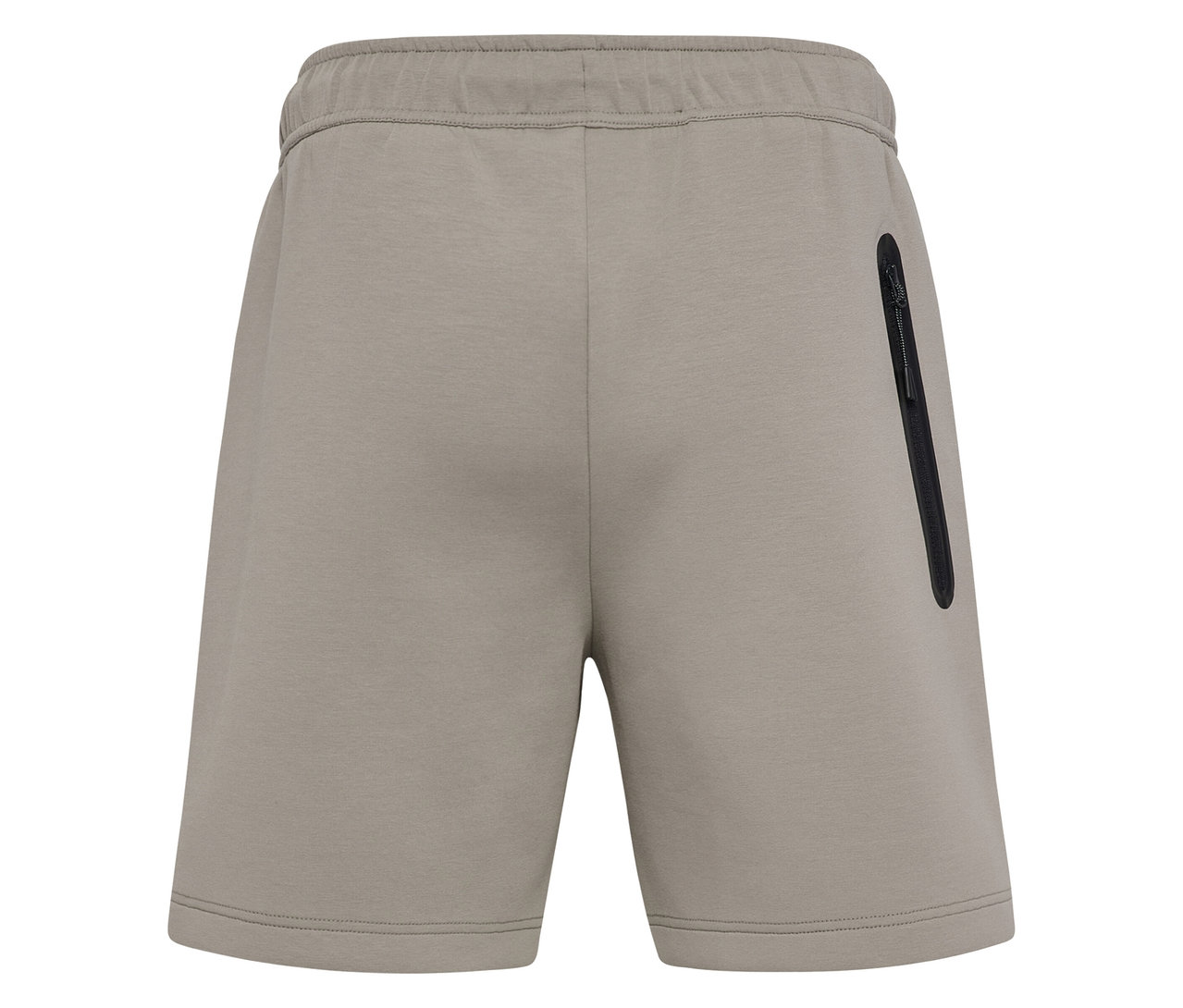 Gros plan sur l'arrière du sweatshort HUMMEL pour homme kaki avec une fermeture éclair noire sur la poche droite.