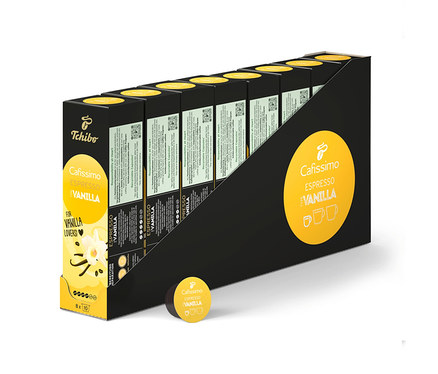 Plusieurs paquets de Cafissimo Flavoured Espresso - Vanille - 80 capsules dans un support noir.