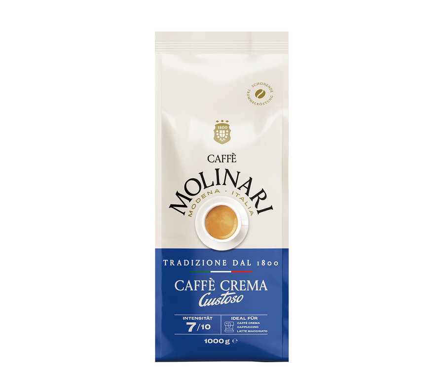 Un paquet de Caffè Molinari Caffè Crema Gustoso en grains – 1 kg.