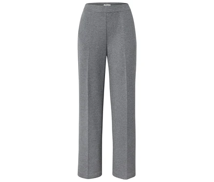 Pantalon droit gris en jersey à taille haute, sur fond blanc.