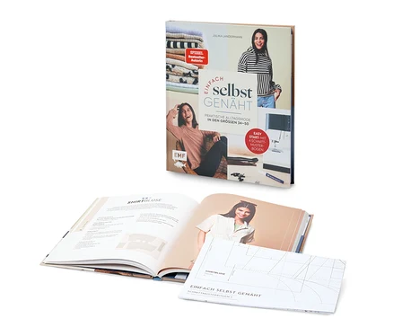 Un livre vertical "EINFACH selbst GENÄHT" de Julika Landermann avec des photos de femmes, le texte "PRAKTISCHE ALLTAGSMODE IN DEN GRÖSSEN 34-50" et "4 Schnittmusterbogen". Devant, un livre ouvert avec le titre "SHIRTBLUSE" et une feuille de patron "EINFACH SELBST GENÄHT Schnittmusterbogen 1".