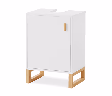 Meuble sous vasque blanc avec une porte, une poignée en bois et des pieds en bois, avec une découpe sur le dessus.