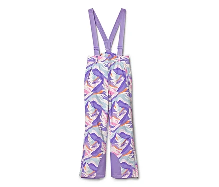 Pantalon de ski avec bretelles violettes et un motif abstrait violet, bleu, rose et orange sur fond blanc.