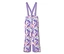 Pantalon de ski avec bretelles violettes et un motif abstrait violet, bleu, rose et orange sur fond blanc.