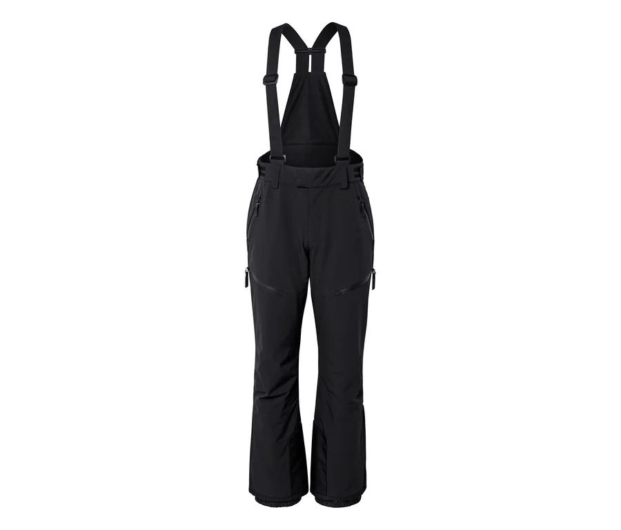 Pantalon de ski noir à bretelles réglables et multiples poches zippées.