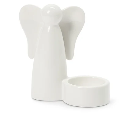 Ange en céramique blanche avec bougeoir chauffe-plat, doté d'une tête ronde, d'un corps conique et d'ailes.