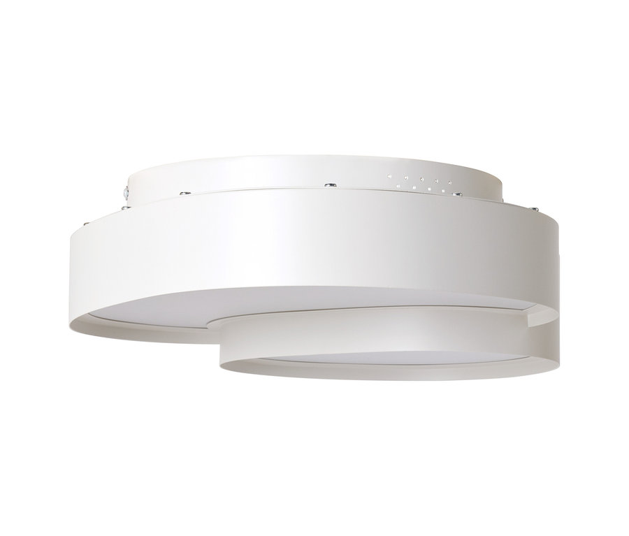 Plafonnier blanc multicouche au design moderne et incurvé, avec de petites fixations décoratives sur le dessus.