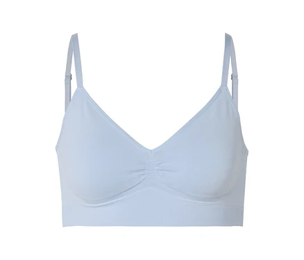 Soutien-gorge bleu clair avec décolleté en V et bretelles réglables, vue de face.