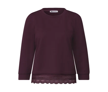 T-shirt en jersey 3/4 Street One rouge, avec un col rond et une bordure en dentelle à l'ourlet.