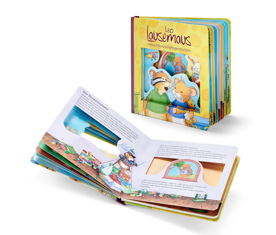 Le livre « Leo Lausemaus – meine Freundschaftsgeschichten » est ouvert et montre des illustrations.