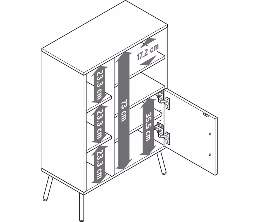 Commode aspect bois avec porte, dessin technique avec dimensions. La commode a trois compartiments ouverts à gauche (chacun 23,3 cm de haut) et un compartiment avec porte ouverte à droite (hauteur intérieure 73 cm, étagère inférieure 35,5 cm, profondeur 17,2 cm).