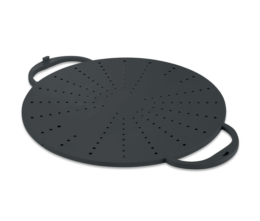 Un ustensile de cuisson polyvalent 3 en 1 et un couvercle anti-éclaboussures noir sur fond blanc.