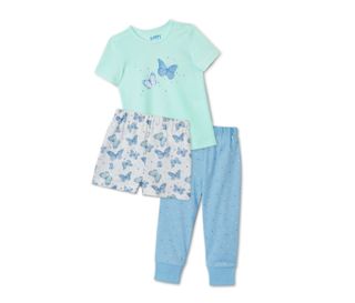 T-shirt menthe avec imprimé de papillon blanc-bleu<br>Short blanc avec imprimé intégral bleu clair de papillons<br>Pantalon long bleu clair à pois blancs et bleus
