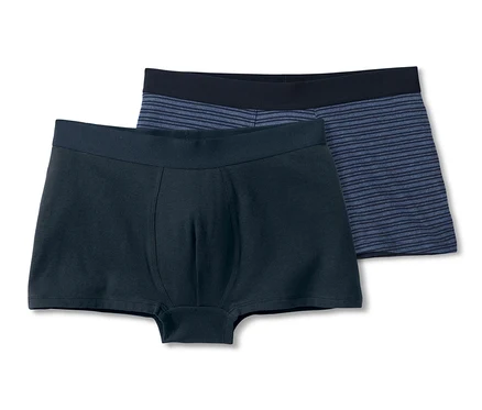 Deux boxers, un bleu foncé, un bleu rayé.