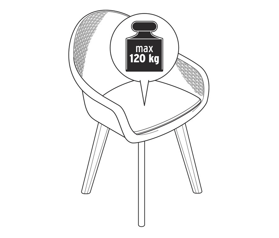 Illustration d'une chaise à coque avec tressage en polyrotin et une capacité de charge maximale de 120 kg.