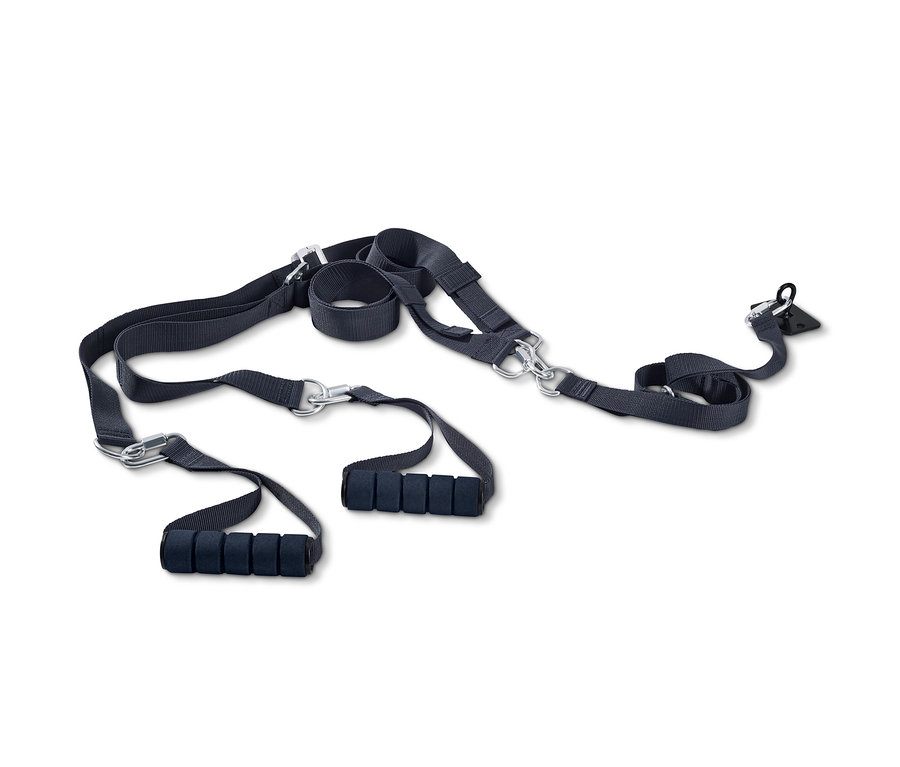 Sangles de suspension noires avec poignées et mousquetons.