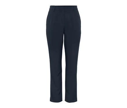 Un pantalon tissé bleu marine sur fond blanc.
