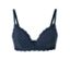 Soutien-gorge à coques souples bleu foncé à pois blancs bordé de dentelle.