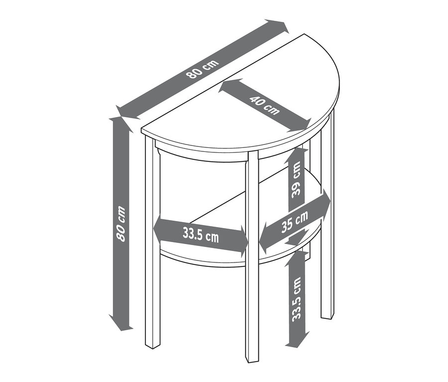Illustration d'une console semi-circulaire de style campagnard avec des dimensions.