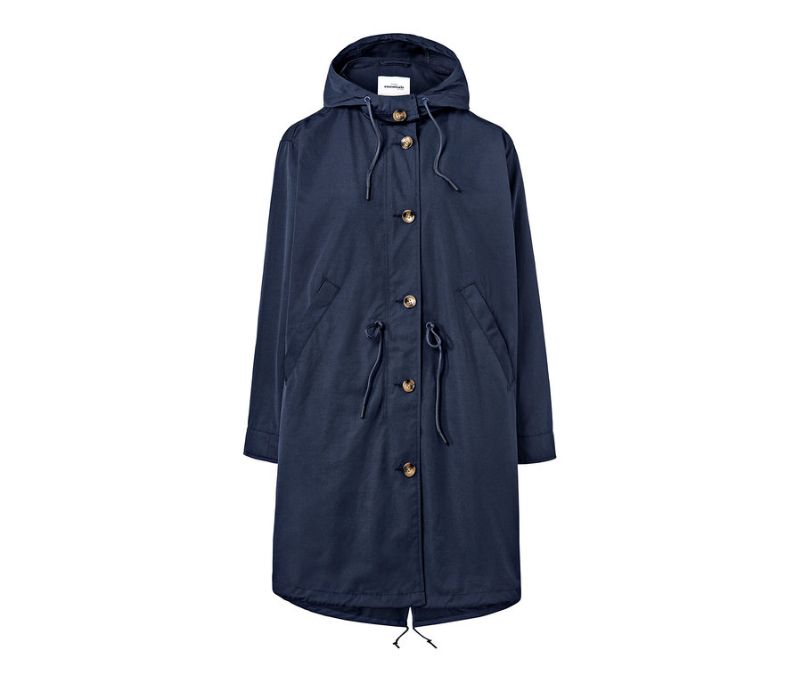 Parka bleu marine avec capuche et boutons.
