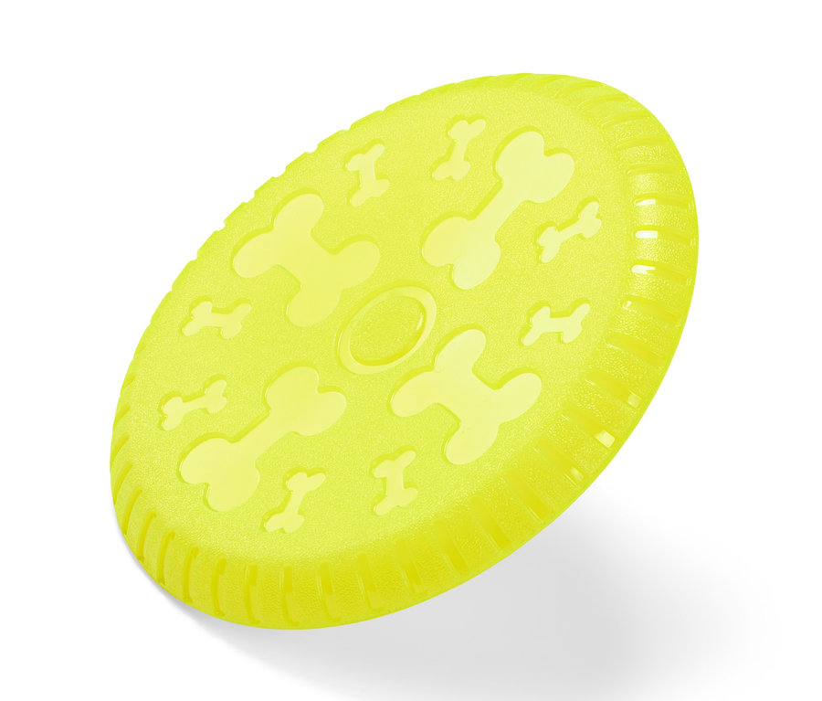 Disque à lancer jaune pour chien avec motif d'os.