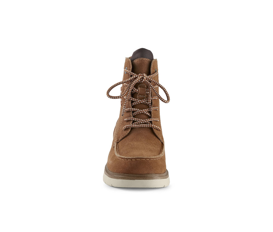 Bottines en cuir velours marron avec des lacets marron et blanc.