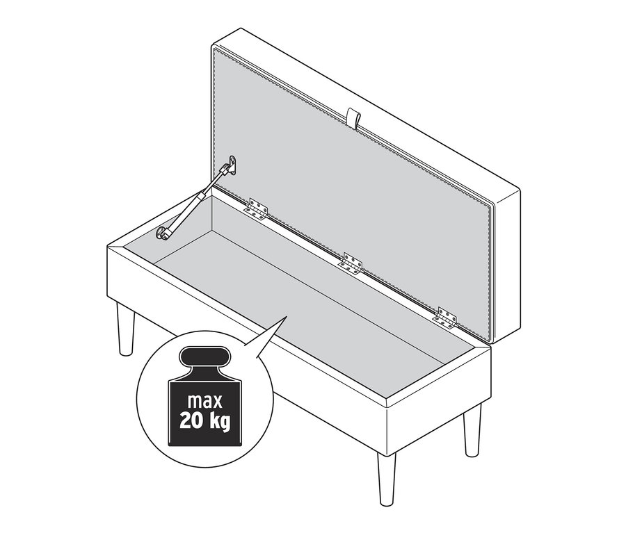 Banc rembourré ouvert avec espace de rangement.