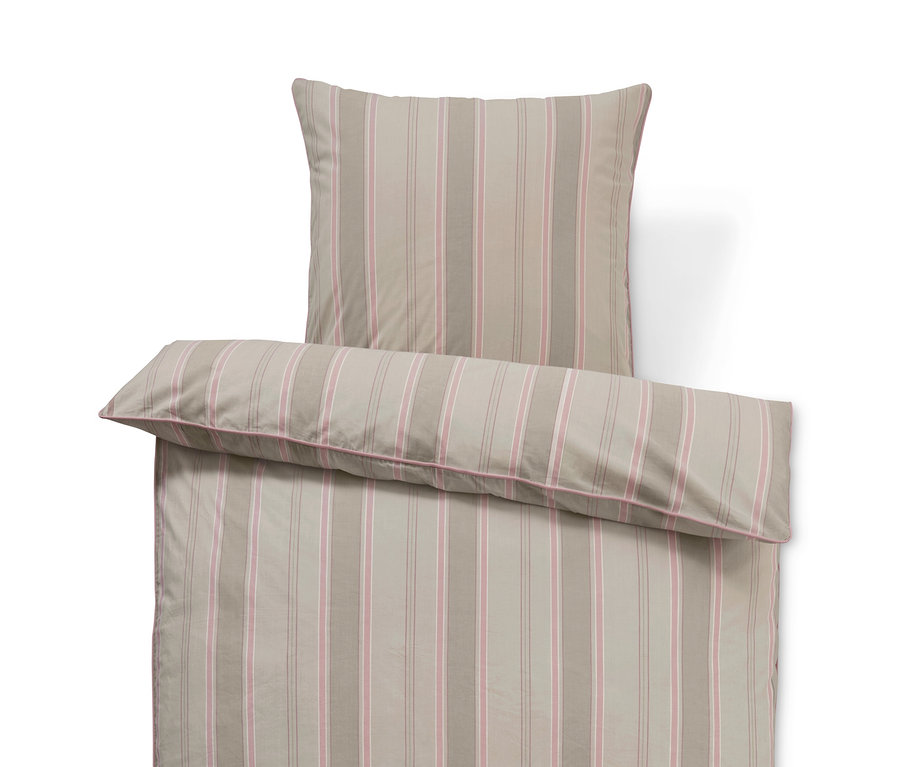 Vue de dessus d'une parure de lit en coton de qualité supérieure de taille standard avec des rayures roses et beige.