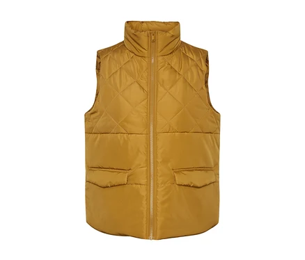 Gilet matelassé jaune avec fermeture éclair sur le devant et poches.