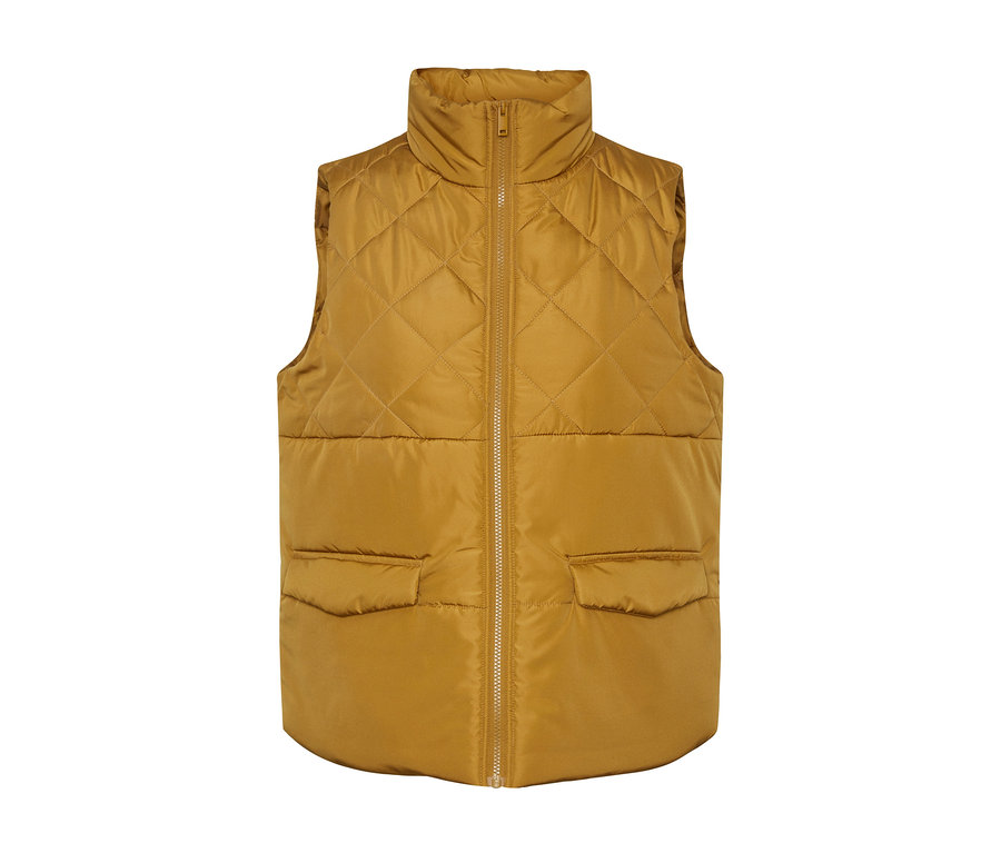Gilet matelassé jaune avec fermeture éclair sur le devant et poches.